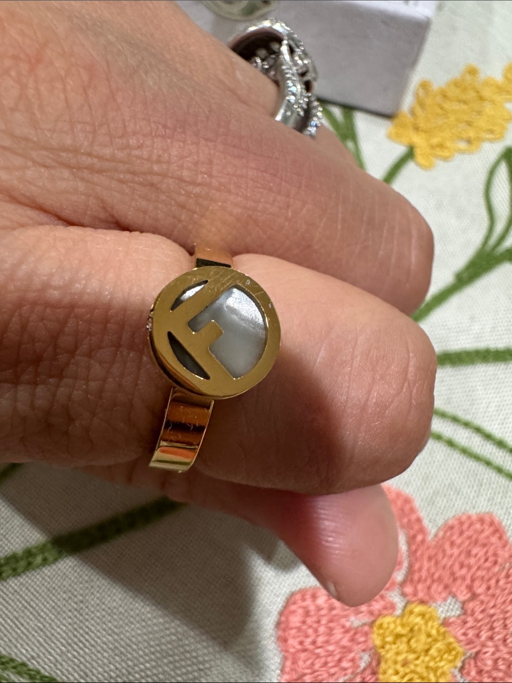 Gold Tone Mother-of-Pearl Circle Signet Ring - Women’s Fashion Jewelry - Picture 1 of 4
